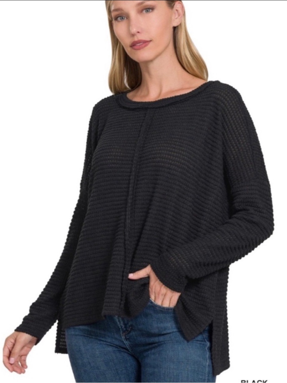 Zenana Outfitters Black Waffle-Knit Scoop Neck Sweater